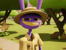 a purple cartoon character wearing a hat and a tan shirt