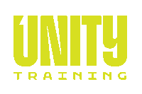 a yellow logo for unity training is displayed on a white background