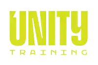 a yellow logo for unity training is displayed on a white background