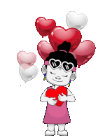 a girl wearing heart shaped sunglasses holds a red heart in her hands