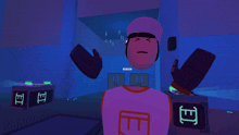 a person in a purple shirt with the letter e on the front
