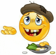 a cartoon smiley face wearing a hat and holding a plate of money .