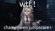 a girl in a school uniform and tie is standing in front of a window with a caption that says wtf !