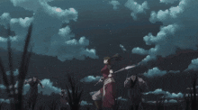 a man and a woman are fighting with swords and a spear