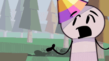 a cartoon character wearing a party hat stands in a forest