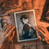 a person is drawing a picture of a girl with the word dracula on it