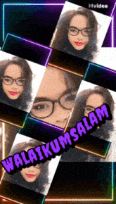 a collage of images of a woman with glasses and the words " walaikumsalam " at the bottom