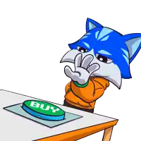 a cartoon character is pressing a button that says buy
