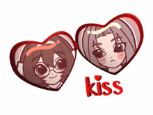 a couple of hearts with the word kiss underneath them
