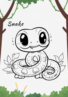 a black and white drawing of a snake surrounded by trees