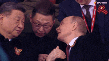 a man in a suit and tie is talking to another man in a crowd with the word sputnik on the bottom