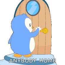 a penguin is standing in front of a door with the words anybody home written below it