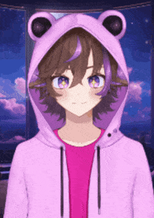 a girl with purple hair is wearing a pink hoodie with frog ears