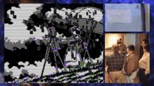 a collage of images shows a man looking through a telescope and a group of people standing in a room