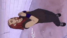 a cartoon of a man with long red hair and a beard is laying on the floor .