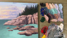 a painting of a rocky shoreline next to a palette of paint that says made in animotica