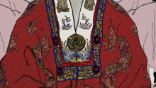 a drawing of a person 's clothes with a floral pattern and a button that says ' s ' on it