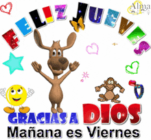 a picture of a dog and a monkey says feliz jueves gracias a dios