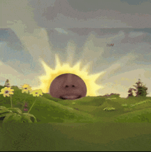 a cartoon drawing of a sun with a face in the middle of a field