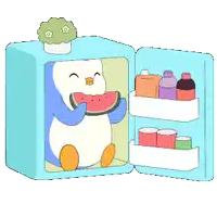 a penguin is eating a slice of watermelon in a blue refrigerator