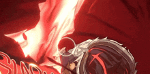 a cartoon character is laying on a bed with a red background and a sword in his hand .