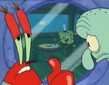spongebob and squidward from spongebob squarepants are looking out of a window at a table .