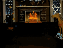 a horse pulling a sleigh in front of a fireplace with a christmas tree in the background