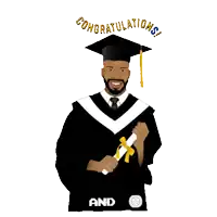 a man in a graduation cap and gown is holding a diploma and the words congratulations are above him