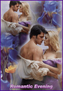 a painting of a man and woman kissing with the words romantic evening