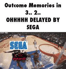 a screenshot of a basketball game with the words outcome memories in 3 and 2 delayed by sega