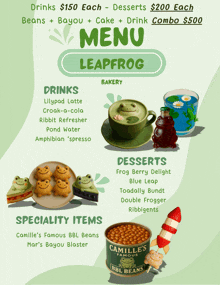 a menu for leapfrog bakery includes drinks desserts specialty items and a can of camille 's bbl beans