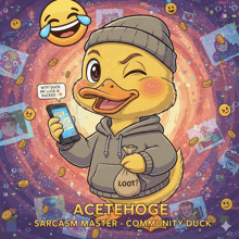 a cartoon of a duck holding a phone and a bag of money
