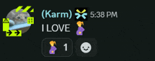 a screenshot of a chat between karm and i love with a picture of a cat