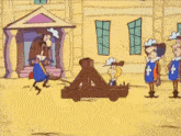 a group of cartoon characters standing around a wooden catapult