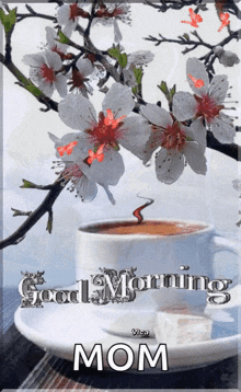 a picture of a cup of coffee with the words good morning mom written on it