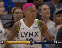 a lynx basketball player stands in front of the scoreboard