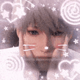 a close up of a person 's face with stars and hearts around it