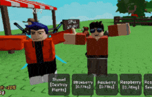 two cartoon characters standing next to each other in front of a sign that says still stuff