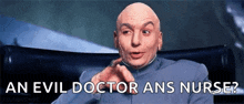 a bald man is sitting in a chair and talking to a nurse .