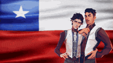 two men standing in front of a flag with a white star