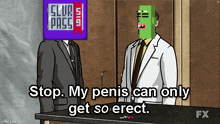 a cartoon of a man with a slur pass on his head talking to another man