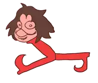a cartoon drawing of a person with a long red leg