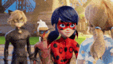 a group of cartoon characters are standing next to each other and talking .