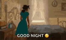 a woman in a blue dress is standing in front of a bed with the words `` good night '' written above her .
