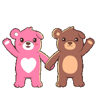 a pink and a brown teddy bear are holding hands