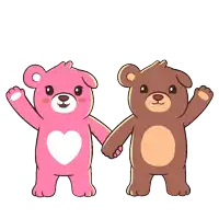 a pink and a brown teddy bear are holding hands