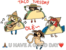 a taco tuesday greeting card with a man playing a guitar and a woman playing a trumpet