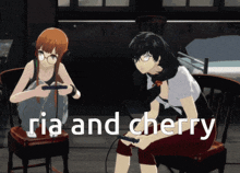 two anime characters playing a video game with the words " ria and cherry " on the bottom