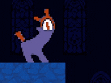 a pixel art of a cat standing on a ledge in a dark room