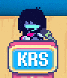 a pixel art of a person behind a podium with the word kas on it